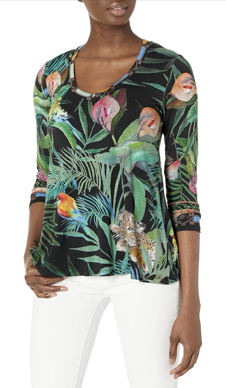 JOHNNY WAS Tropical Jungle Parrot Leopard Jersey V-Neck Swing Tee Shirt Top 1X